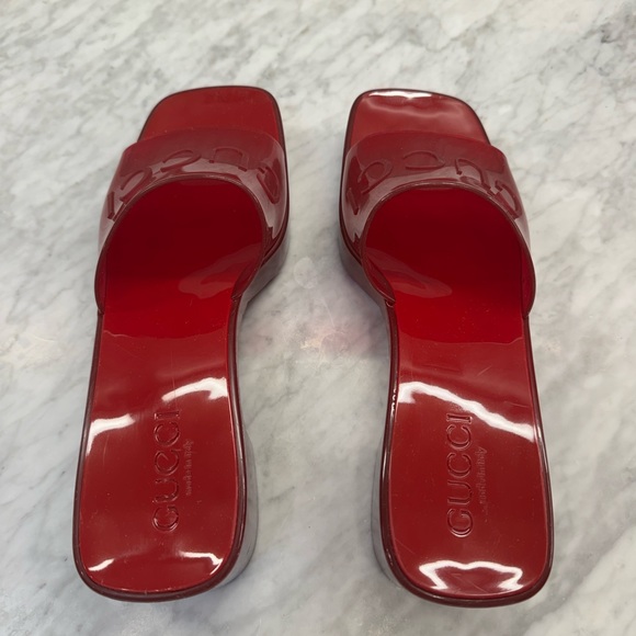 Gucci “Plastique” Logo Rubber Heeled Red Mule Slides Sandals 37.5 - Picture 8 of 8